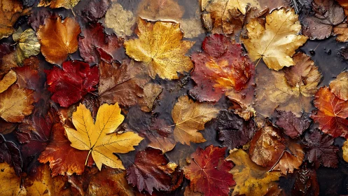 High-saturation macro of wet autumn maple leaves in puddle