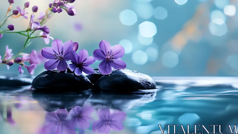 Macro analysis of purple blossoms on wet basalt stones in water