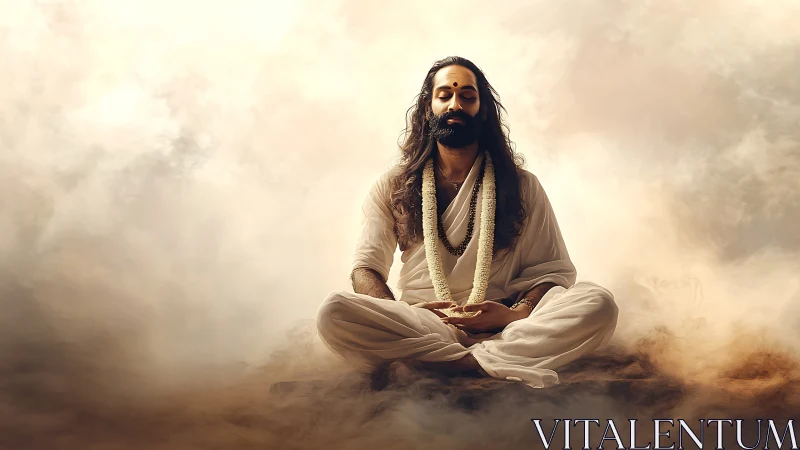 Meditative figure seated in mist with neutral warm lighting.