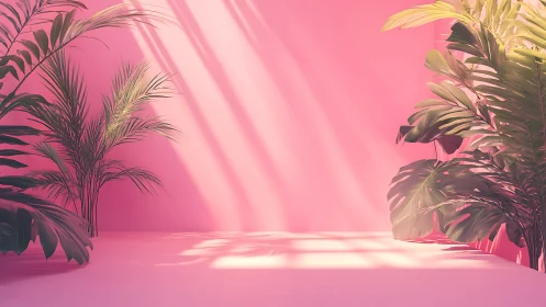 Sunlit pink sanctuary where dreamy palm shadows linger.
