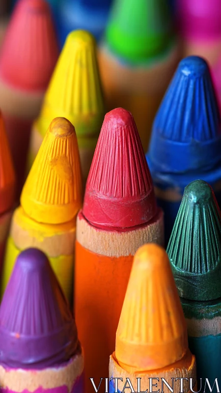 Close-up macro view of assorted colored wax crayons.