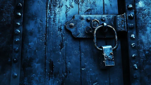 Textured steel door with corroded padlock in moody blue light.