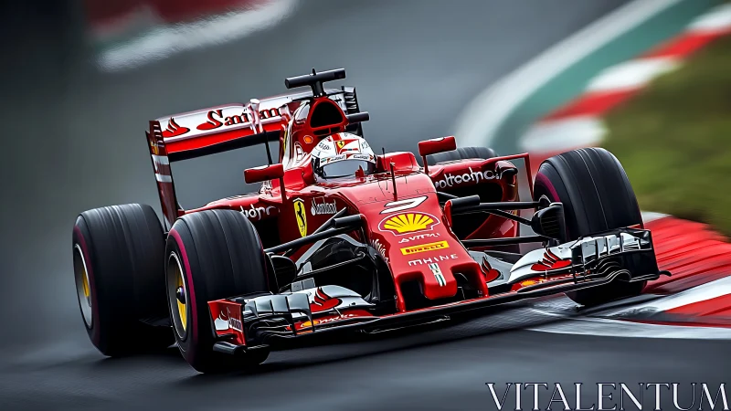 Red Formula One car attacks wet apex with dynamic motion blur.