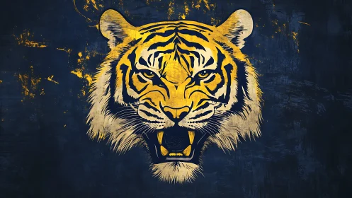 Vectorial tiger head on grunge-saturated indigo background.