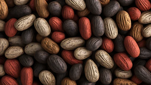 Dense macro array of multicolored textured nuts under soft lighting