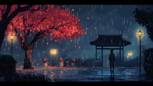 Pixelated night rain scene shows lone figure in park
