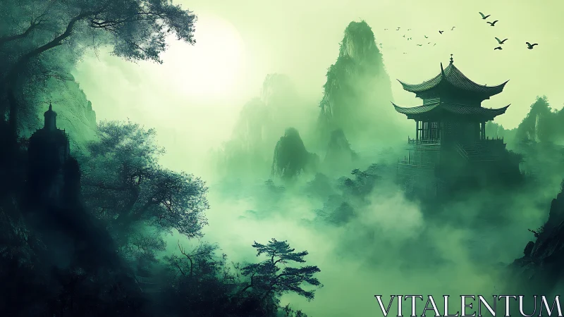 Misty mountain temple landscape with distant pagoda view.