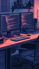 Neon code sanctuary glows around a dual-monitor dev desk.