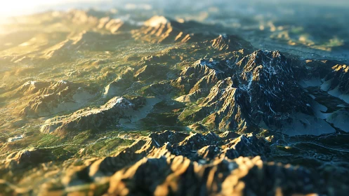 Sunlit digital mountain range in sweeping aerial perspective.