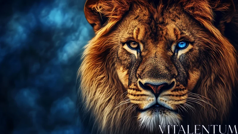 Lion portrait with heterochromatic eyes, electric contrast.