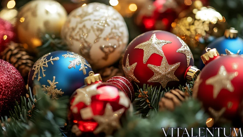 Glittered stars nestle among baubles in a festive forest glow