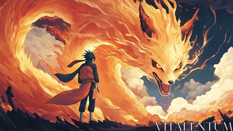 Blazing fox spirit coils around lone warrior under storming sky