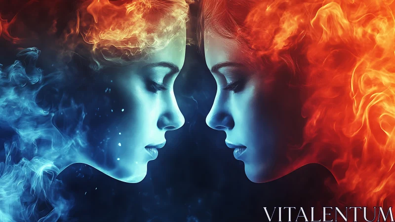Dual elemental portraits merge cold flame and burning light.