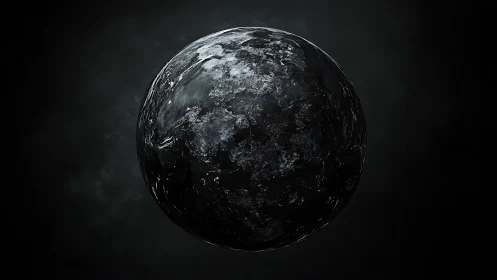 Spherical dark planet rendered with glossy procedural ice texture