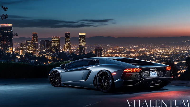 Twilight city lights glimmer around a sleek silver supercar.