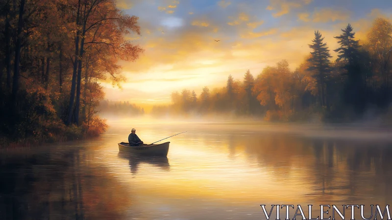 Solitary angler in rowboat on calm river at autumn sunrise.