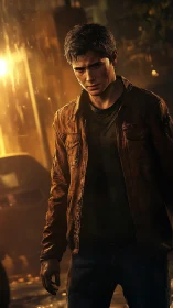 Brooding young survivor walks through rainlit city chaos