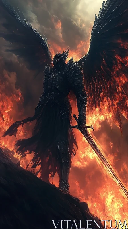 Winged dark knight stands over fiery battlefield in armor.