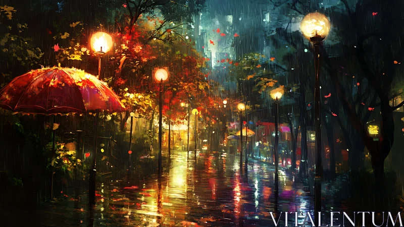 Rainy city walkway with umbrellas and glowing streetlamps.