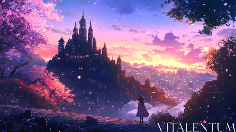 Twilight castle skyline above glowing fantasy cityscape.