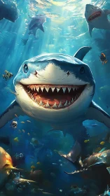 Smiling blue shark turns the deep sea into comic chaos