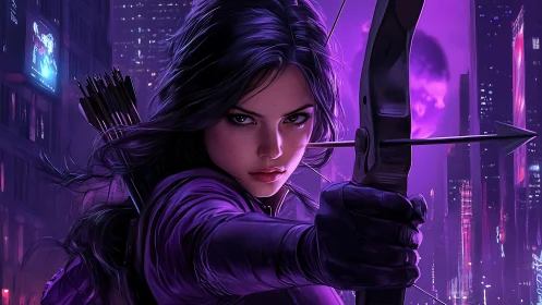 Purple-clad archer locks her aim in neon-soaked night city