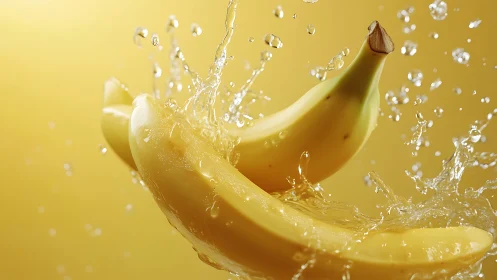 Bananas in dynamic splash with high-key yellow backdrop.
