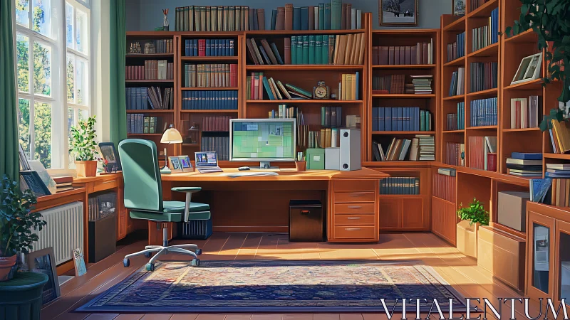 Sunlit study quietly turns books and pixels into ideas