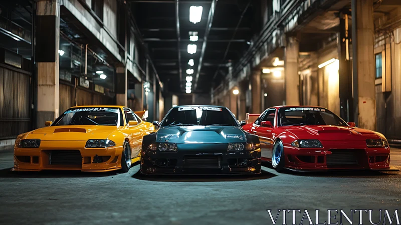 Modified sports cars lined in dramatic urban night scene.