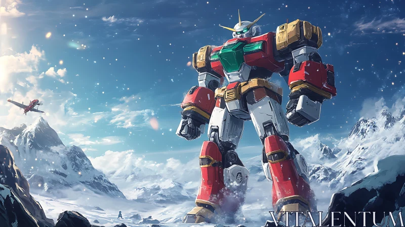 Gentle giant mecha guardian roaming a bright winter sky.