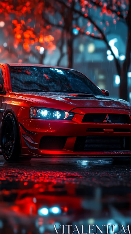 Midnight red street racer under neon rainlight glow.