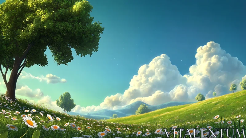 Sunny hillside meadow with daisies and distant clouds.