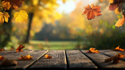 Golden leaves waltz above weathered wooden autumn table.