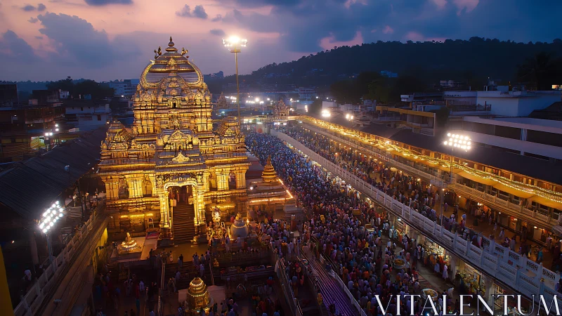Golden temple glows while twilight crowds weave through light