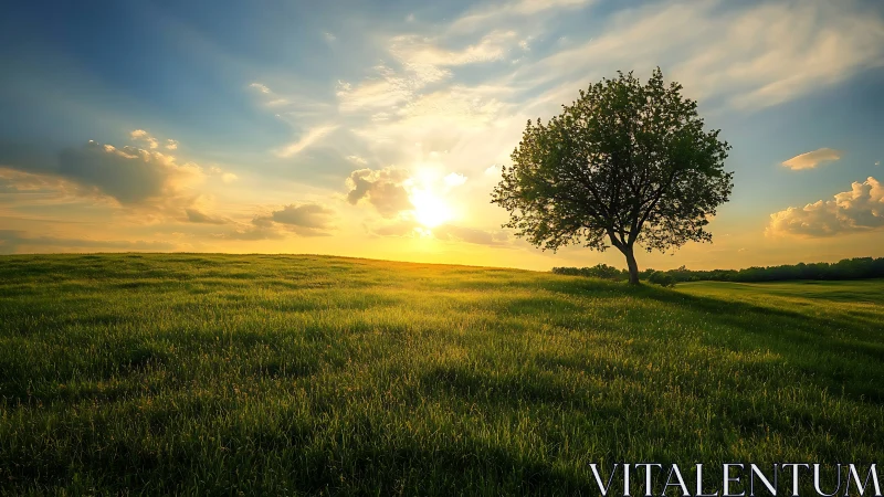 Solitary tree on grassy field under low evening sun.