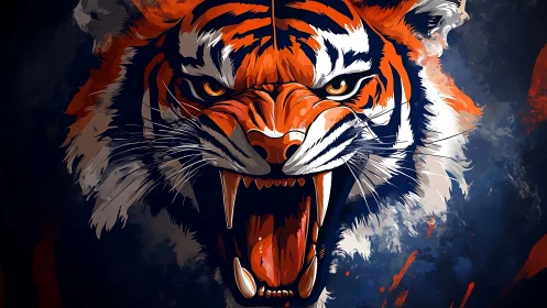 Painted fury erupts as a neon tiger roars through shadow