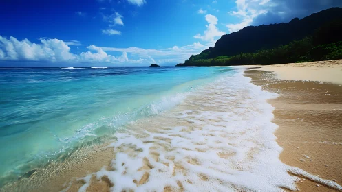 Tropical shoreline with turquoise surf and distant headland.