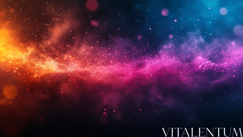 Glowing cosmic nebula in warm pink, gold, and deep blue night.