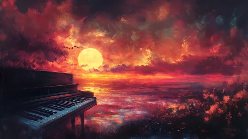 Piano beside a vivid ocean sunset under dramatic clouds.