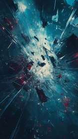 Radial kinetic glass explosion in volumetric nebular void.