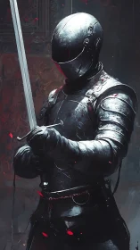 Armored futuristic knight holding sword in dark chamber.