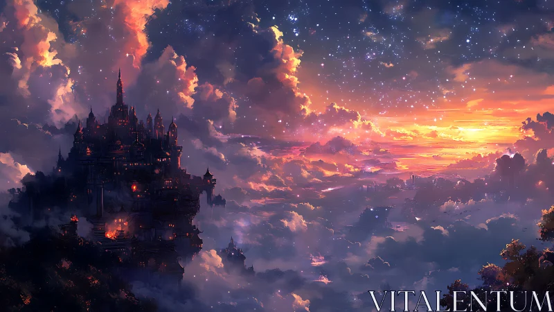 Fantasy sky castle silhouetted against glowing sunset clouds