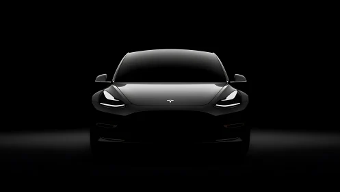 Front-lit black electric sedan in low-key studio darkness