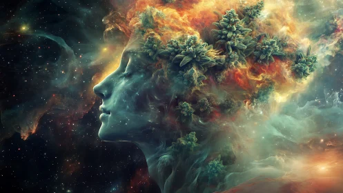 Cosmic garden of dreams blooming from a serene starlit mind.