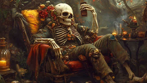 Relaxed skeleton reclines in lush candlelit forest lounge