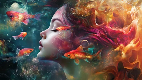 Aquatic dream interface with luminescent koi and chromatic hair.