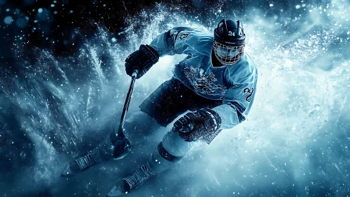 Ice hockey forward drives through explosive blue spray.