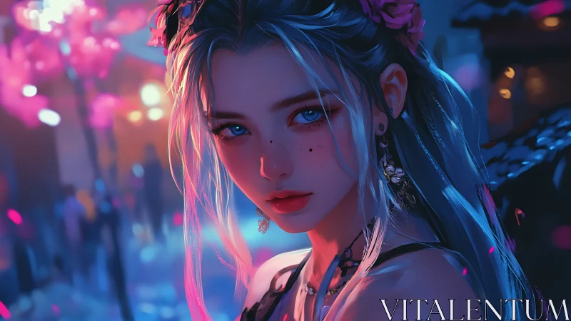 Neon-lit silver-haired girl gazes through glowing nightscape.