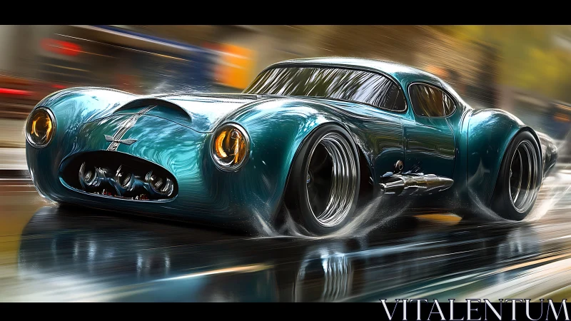 Streamlined teal concept coupe racing on wet city boulevard