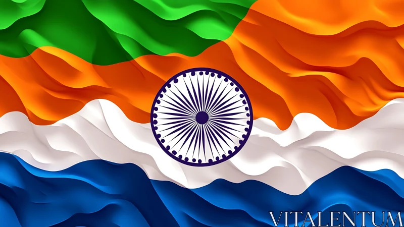 Indian tricolor flag with Ashoka Chakra in wavy design.